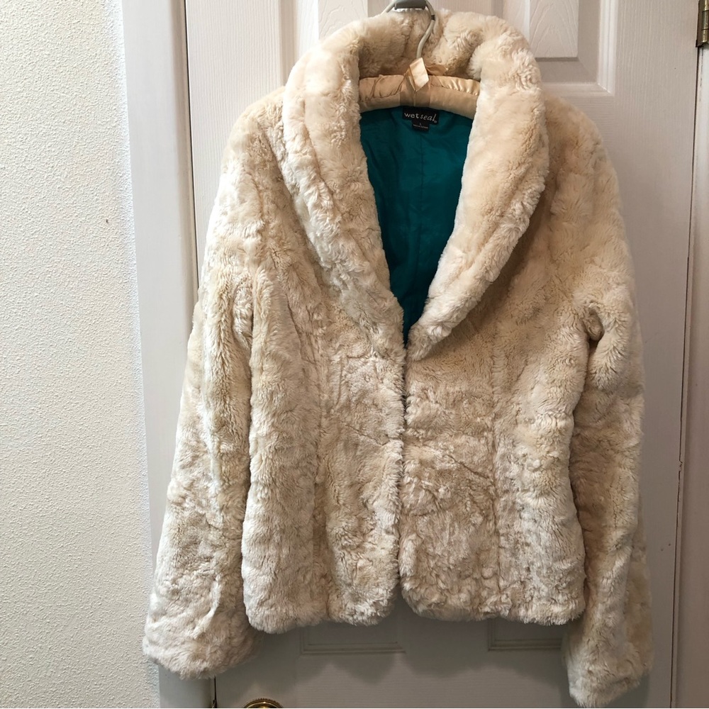Wet Seal Vtg Cream Faux Fur Jacket Shawl Collar Sz L